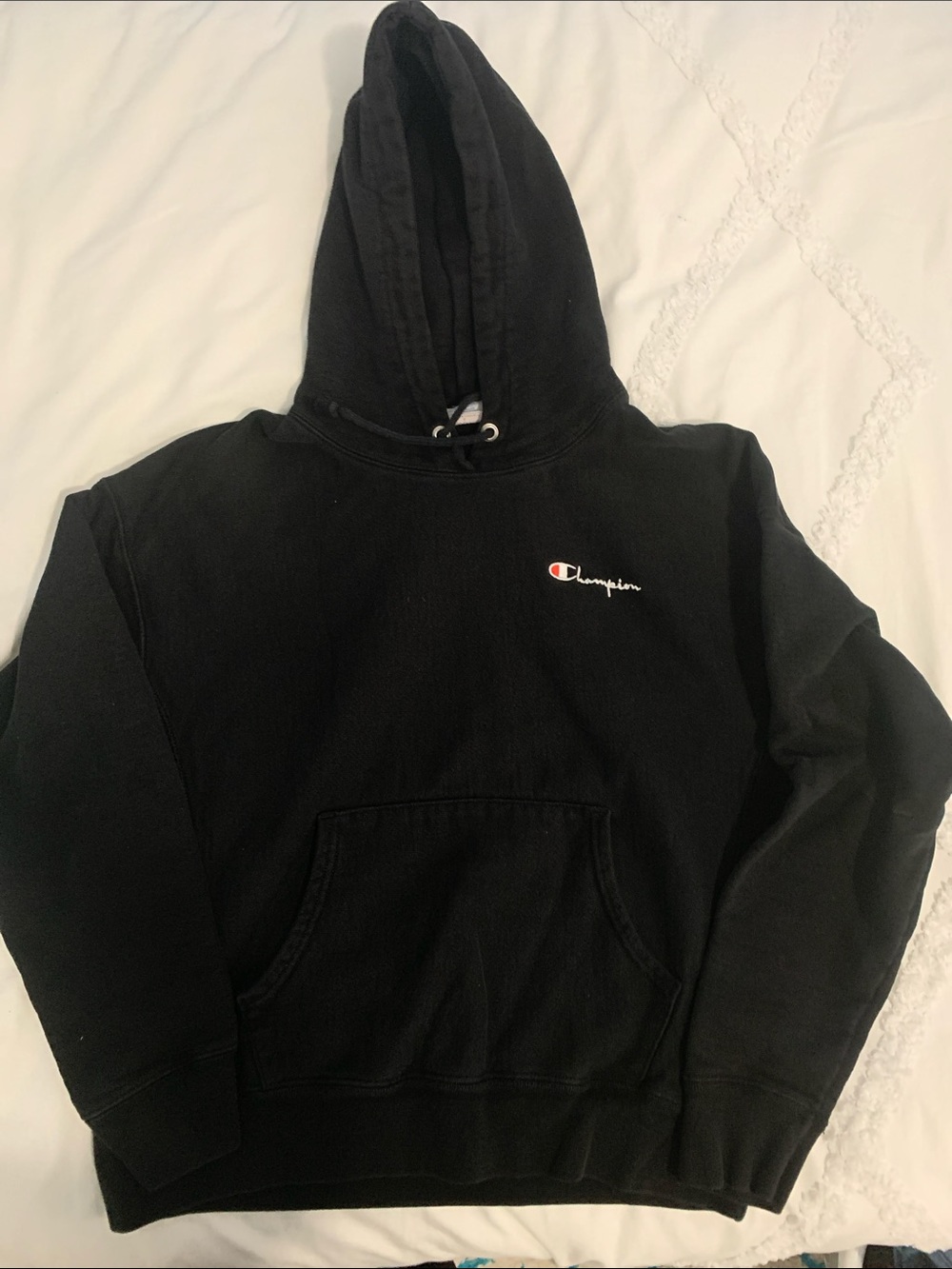 Champion Black Hoodie with Small Red & White Chest Logo